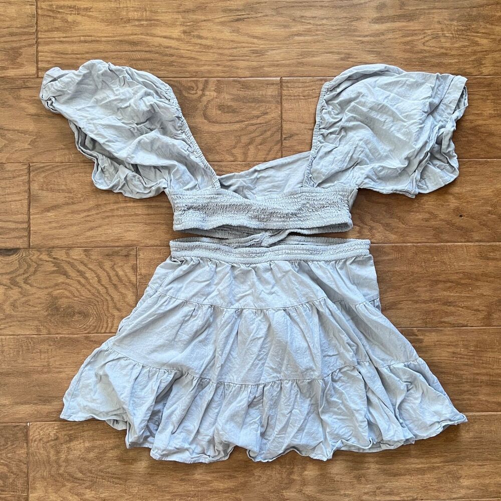 Free People Cross of Sunlight Mini Dress Size M Chambray Blue Linen Blend Cutout